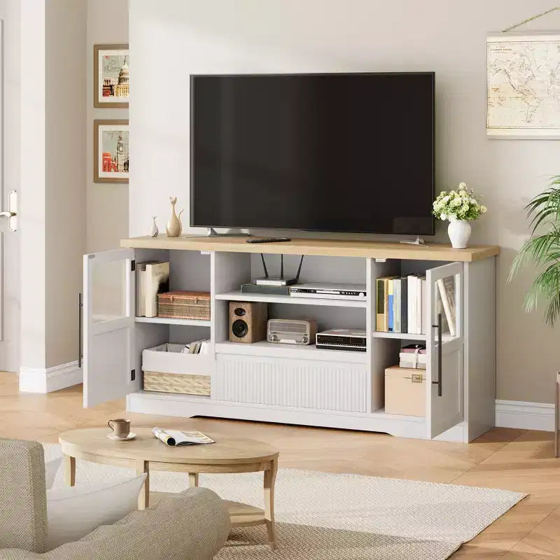 TV Stand Fits TV up to 72'', Wave Pattern Entertainment Center with 2 Glass Door Cabinets, TV Media Console with 2 Open Doors (Natural+White)