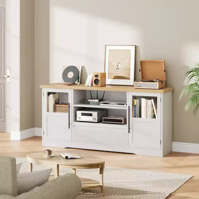 TV Stand Fits TV up to 72'', Wave Pattern Entertainment Center with 2 Glass Door Cabinets, TV Media Console with 2 Open Doors (Natural+White)