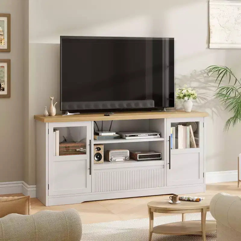 TV Stand Fits TV up to 72'', Wave Pattern Entertainment Center with 2 Glass Door Cabinets, TV Media Console with 2 Open Doors (Natural+White)