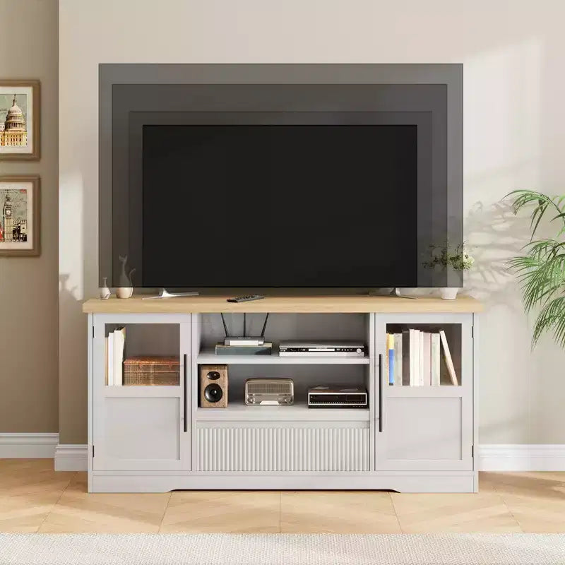 TV Stand Fits TV up to 72'', Wave Pattern Entertainment Center with 2 Glass Door Cabinets, TV Media Console with 2 Open Doors (Natural+White)