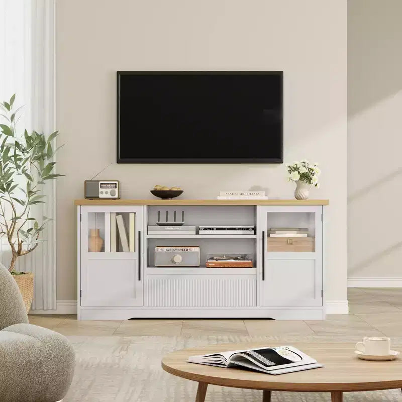 TV Stand Fits TV up to 72'', Wave Pattern Entertainment Center with 2 Glass Door Cabinets, TV Media Console with 2 Open Doors (Natural+White)