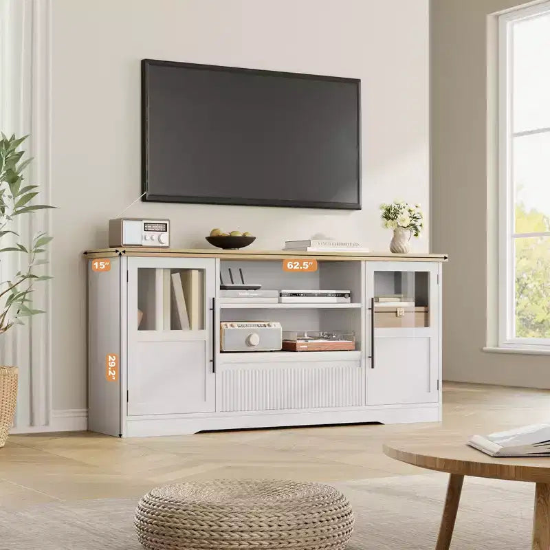 TV Stand Fits TV up to 72'', Wave Pattern Entertainment Center with 2 Glass Door Cabinets, TV Media Console with 2 Open Doors (Natural+White)