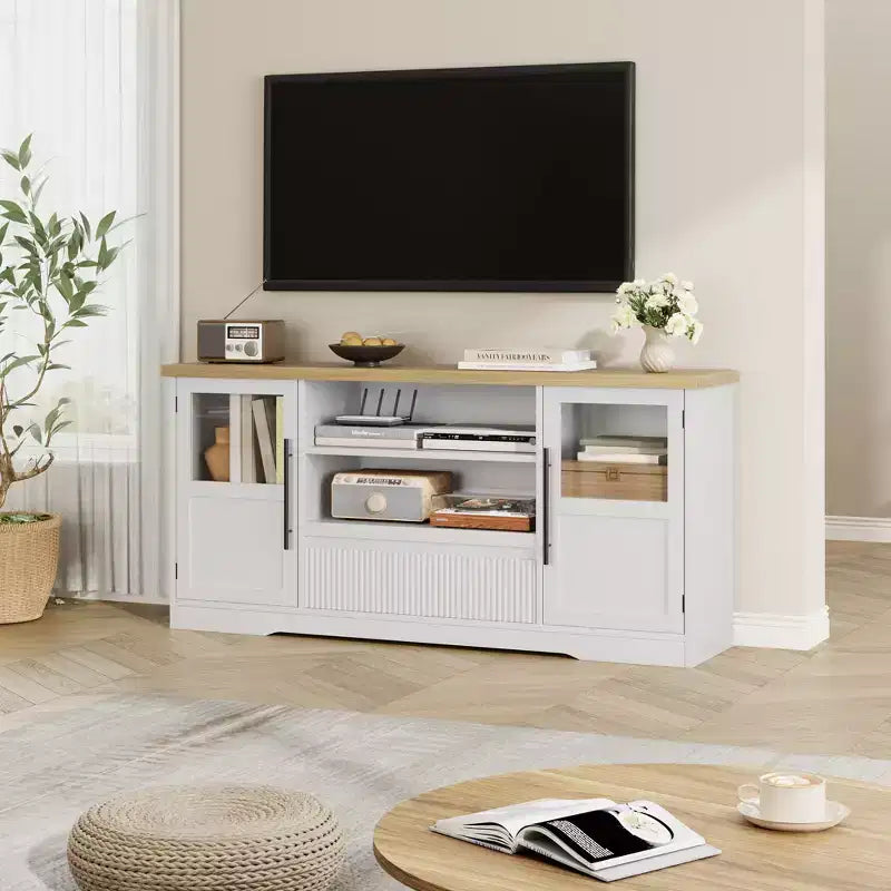 TV Stand Fits TV up to 72'', Wave Pattern Entertainment Center with 2 Glass Door Cabinets, TV Media Console with 2 Open Doors (Natural+White)