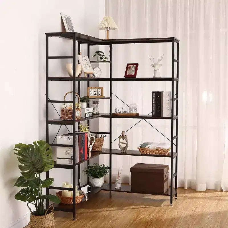 5-Tier L-Shaped Bookcase, Metal Frame Corner Bookshelf with Open Storage and Curved Panels, Vintage Industrial for Living Room, Office