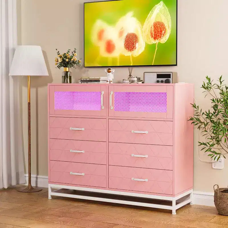6 Drawer Dresser with 2 Door Cabinet, Tall Organizer Chest with Power Station, Modern Storage for Bedroom, Living Room, Hallway, Closet