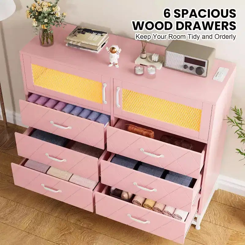 6 Drawer Dresser with 2 Door Cabinet, Tall Organizer Chest with Power Station, Modern Storage for Bedroom, Living Room, Hallway, Closet