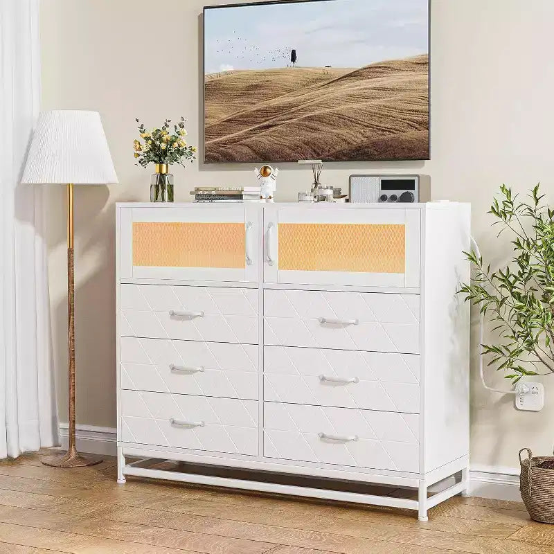 6 Drawer Dresser with 2 Door Cabinet, Tall Organizer Chest with Power Station, Modern Storage for Bedroom, Living Room, Hallway, Closet