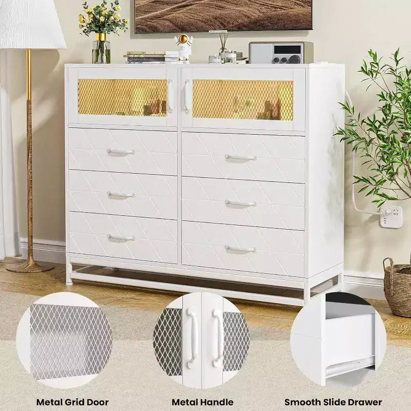 6 Drawer Dresser with 2 Door Cabinet, Tall Organizer Chest with Power Station, Modern Storage for Bedroom, Living Room, Hallway, Closet
