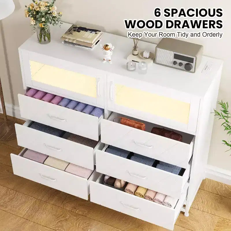 6 Drawer Dresser with 2 Door Cabinet, Tall Organizer Chest with Power Station, Modern Storage for Bedroom, Living Room, Hallway, Closet