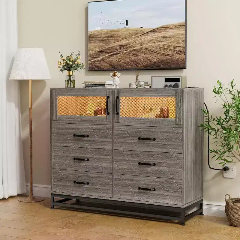 6 Drawer Dresser with 2 Door Cabinet, Tall Organizer Chest with Power Station, Modern Storage for Bedroom, Living Room, Hallway, Closet