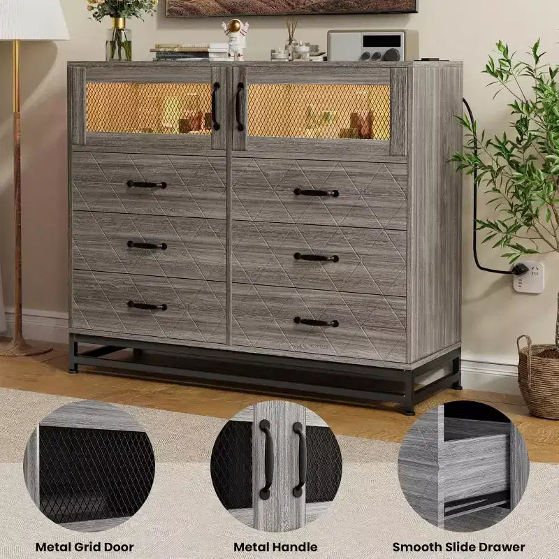 6 Drawer Dresser with 2 Door Cabinet, Tall Organizer Chest with Power Station, Modern Storage for Bedroom, Living Room, Hallway, Closet