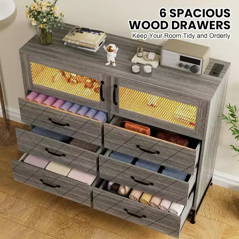 6 Drawer Dresser with 2 Door Cabinet, Tall Organizer Chest with Power Station, Modern Storage for Bedroom, Living Room, Hallway, Closet
