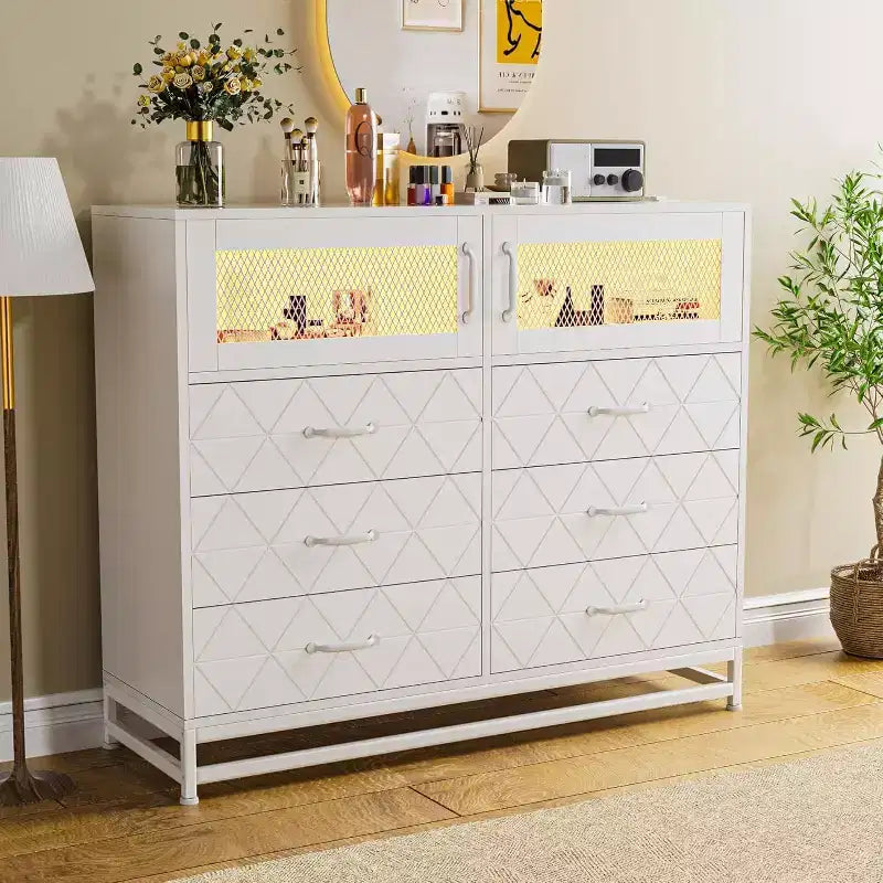 6 Drawer Dresser with 2 Door Cabinet, Tall Organizer Chest with Power Station, Modern Storage for Bedroom, Living Room, Hallway, Closet
