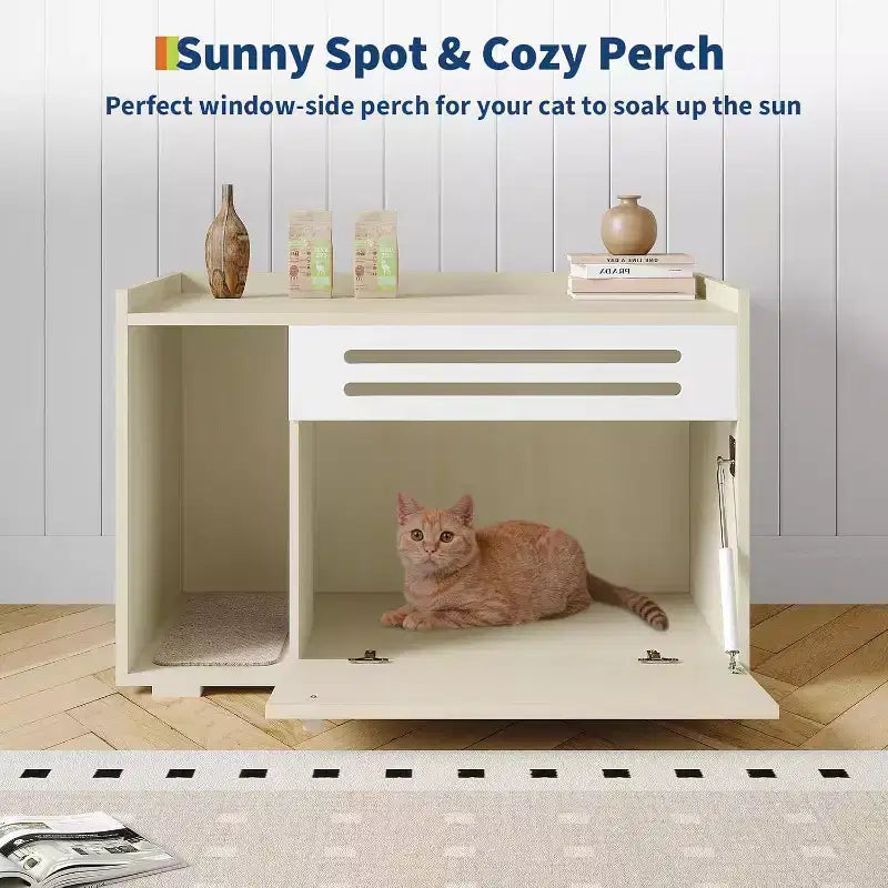 Cat Litter Box Enclosure with Ventilated Panel Hidden Litter Box Furniture with Drop Down Door, Indoor Cat House Wood