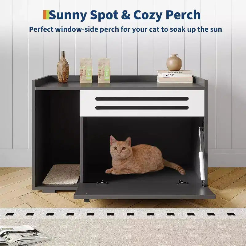Cat Litter Box Enclosure with Ventilated Panel Hidden Litter Box Furniture with Drop Down Door, Indoor Cat House Wood