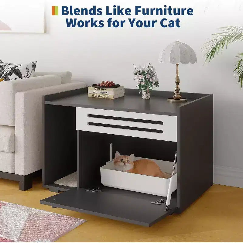 Cat Litter Box Enclosure with Ventilated Panel Hidden Litter Box Furniture with Drop Down Door, Indoor Cat House Wood