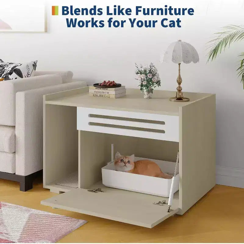 Cat Litter Box Enclosure with Ventilated Panel Hidden Litter Box Furniture with Drop Down Door, Indoor Cat House Wood