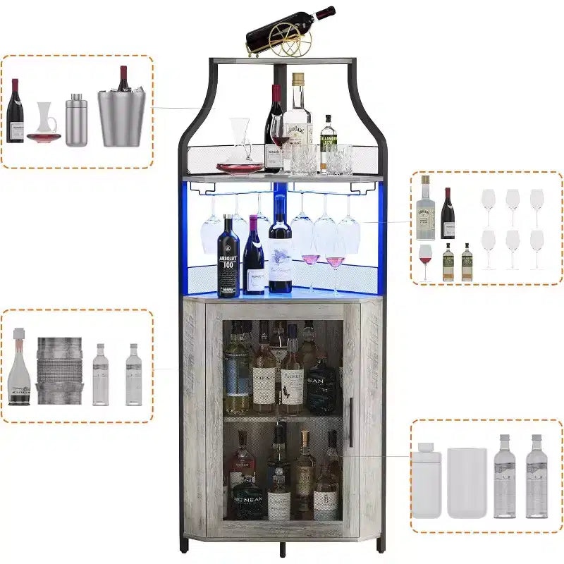Corner Bar Cabinet, Industrial Wine Cabinet with Adjustable Shelf, 5-Tiers Liquor Cabinet Bar Cabinet for Home, Corner Display Cabinet
