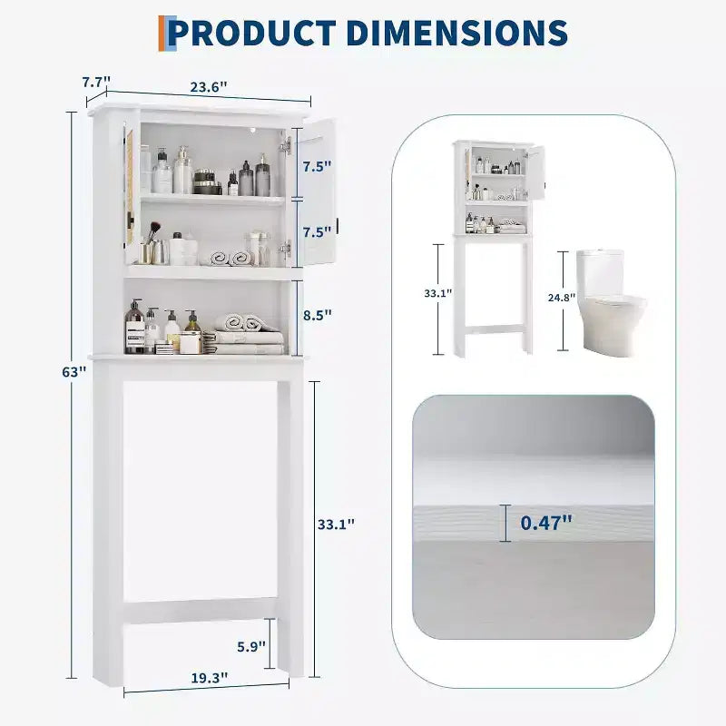 63 Tall Over The Toilet Storage Cabinet, Farmhouse Bathroom Cabinet Organizer with Adjustable Shelf, Space-Saving Toilet Rack for Bathroom Laundry