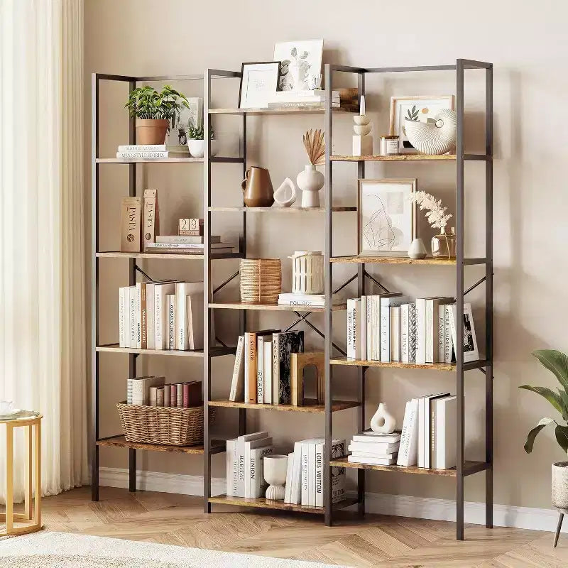 Triple Column 5-Tier Bookshelf, 14 Adjustable Display Shelves, Wide Industrial Bookcase for Living Room, Office, Rustic Brown