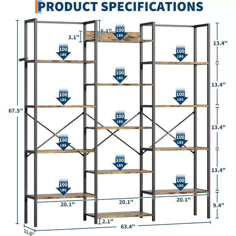 Triple Column 5-Tier Bookshelf, 14 Adjustable Display Shelves, Wide Industrial Bookcase for Living Room, Office, Rustic Brown