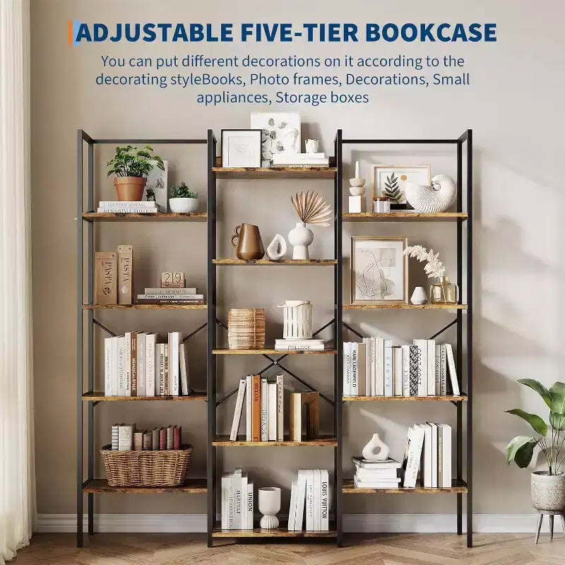 Triple Column 5-Tier Bookshelf, 14 Adjustable Display Shelves, Wide Industrial Bookcase for Living Room, Office, Rustic Brown