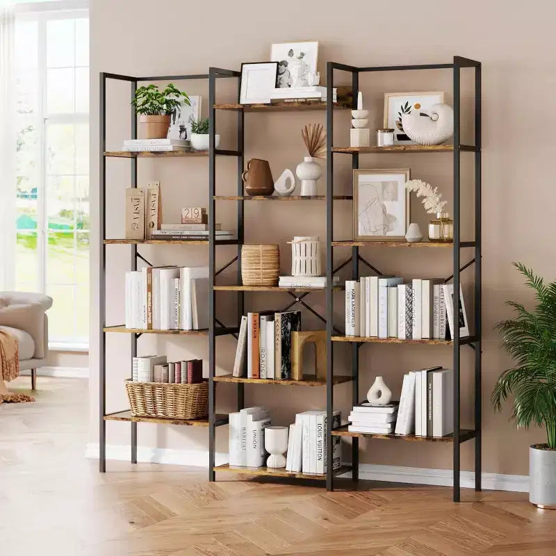 Triple Column 5-Tier Bookshelf, 14 Adjustable Display Shelves, Wide Industrial Bookcase for Living Room, Office, Rustic Brown