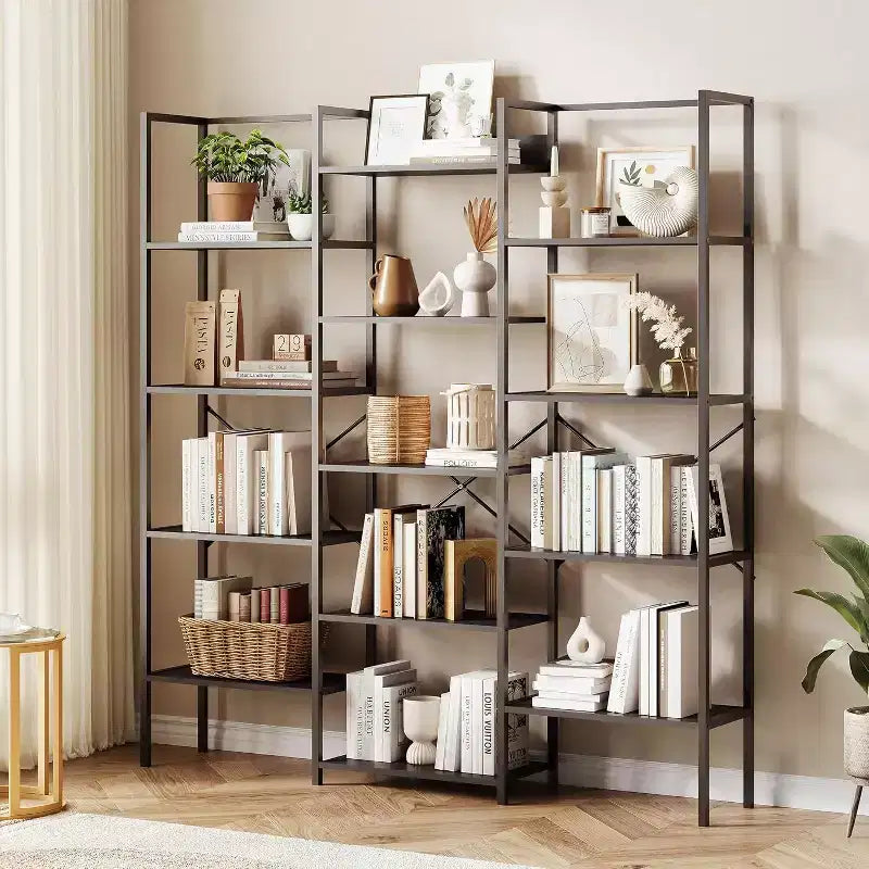 Triple Column 5-Tier Bookshelf, 14 Adjustable Display Shelves, Wide Industrial Bookcase for Living Room, Office, Rustic Brown