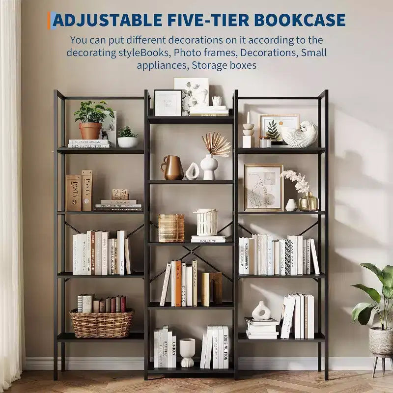 Triple Column 5-Tier Bookshelf, 14 Adjustable Display Shelves, Wide Industrial Bookcase for Living Room, Office, Rustic Brown