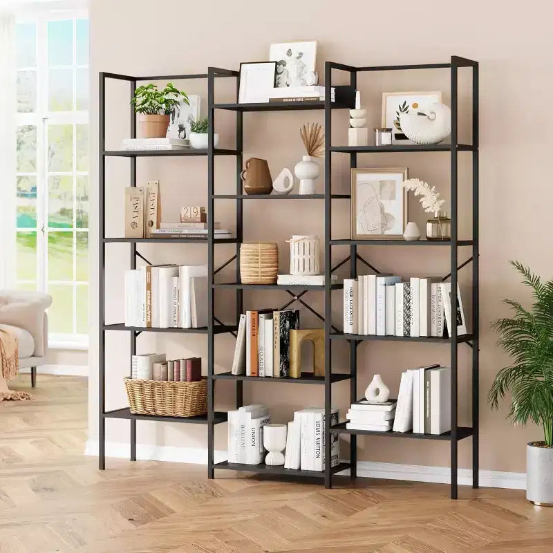 Triple Column 5-Tier Bookshelf, 14 Adjustable Display Shelves, Wide Industrial Bookcase for Living Room, Office, Rustic Brown