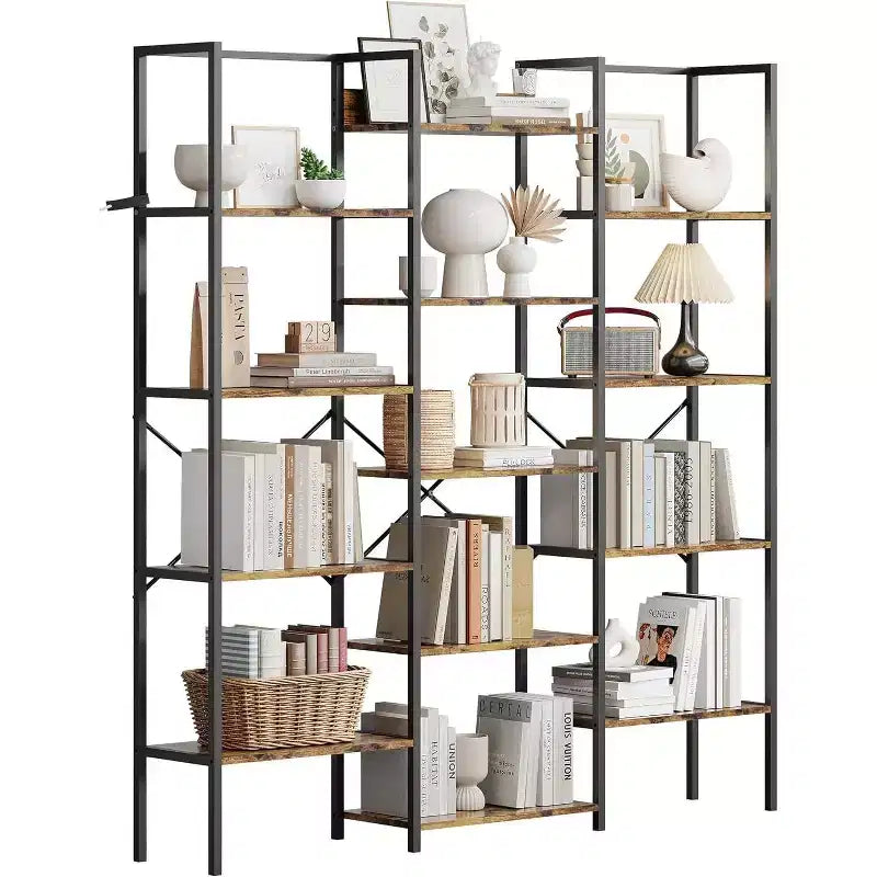 Triple Column 5-Tier Bookshelf, 14 Adjustable Display Shelves, Wide Industrial Bookcase for Living Room, Office, Rustic Brown