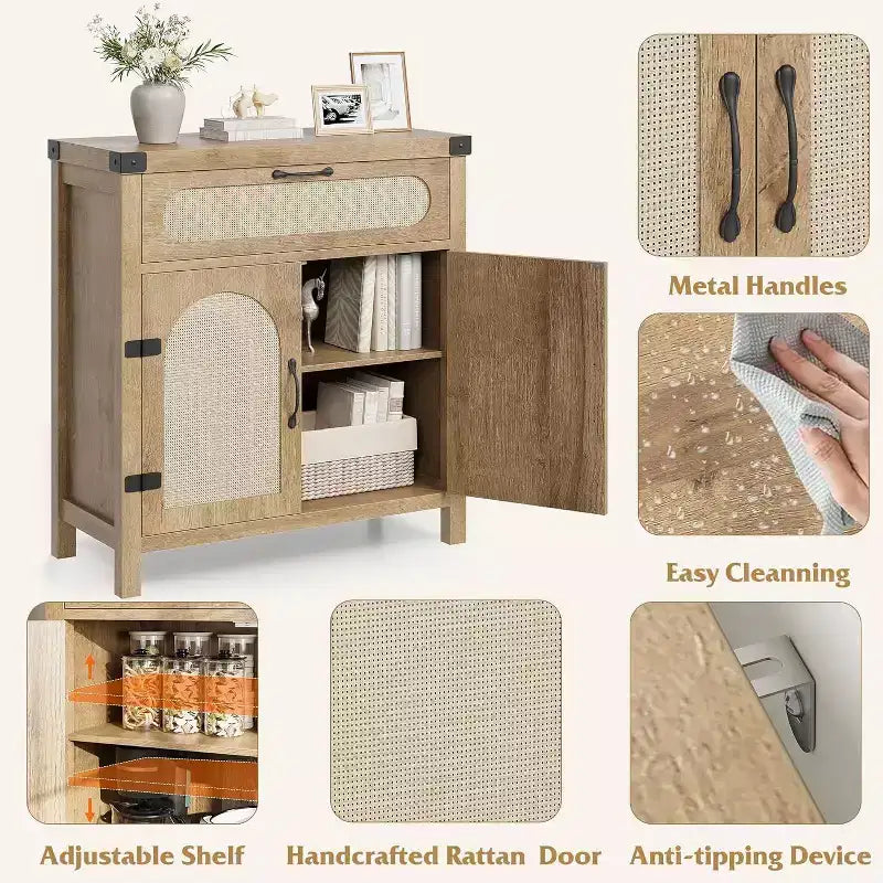 29.9 Small Rattan Buffet Cabinet, Kitchen Coffee Bar Sideboard Featuring Doors and Drawer, Adjustable Shelves and Handles, Boho Farmhouse Style