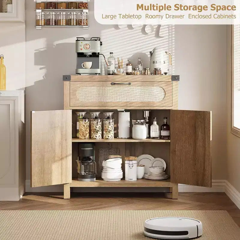 29.9 Small Rattan Buffet Cabinet, Kitchen Coffee Bar Sideboard Featuring Doors and Drawer, Adjustable Shelves and Handles, Boho Farmhouse Style