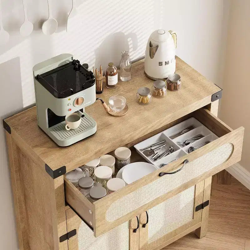 29.9 Small Rattan Buffet Cabinet, Kitchen Coffee Bar Sideboard Featuring Doors and Drawer, Adjustable Shelves and Handles, Boho Farmhouse Style