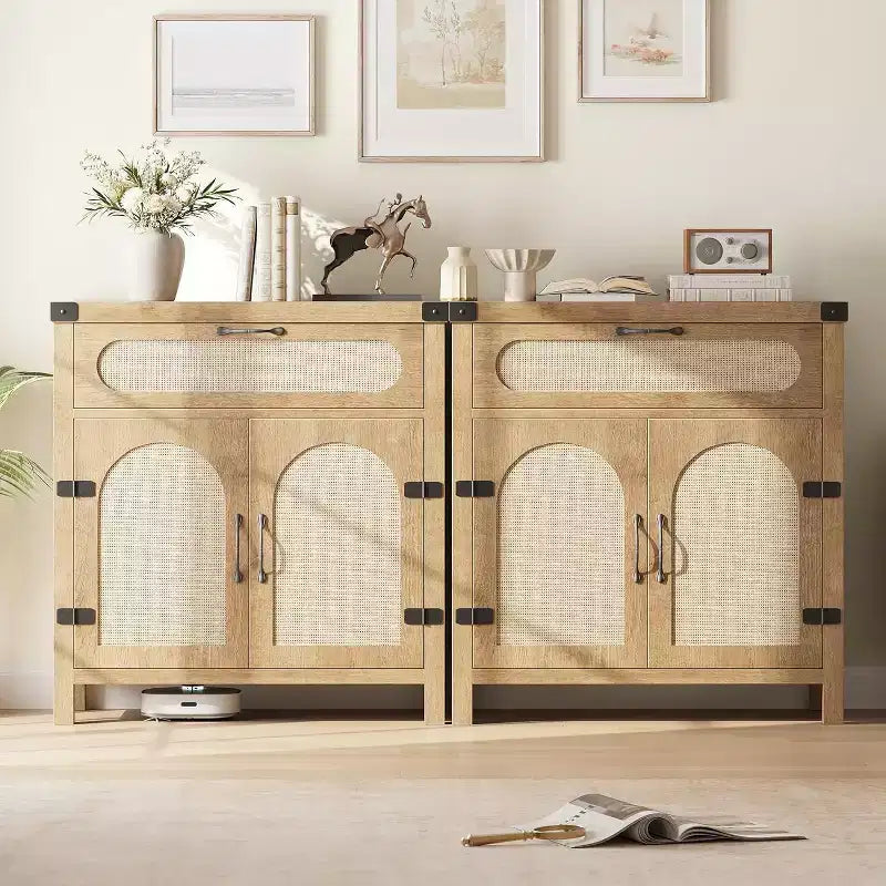 29.9 Small Rattan Buffet Cabinet, Kitchen Coffee Bar Sideboard Featuring Doors and Drawer, Adjustable Shelves and Handles, Boho Farmhouse Style
