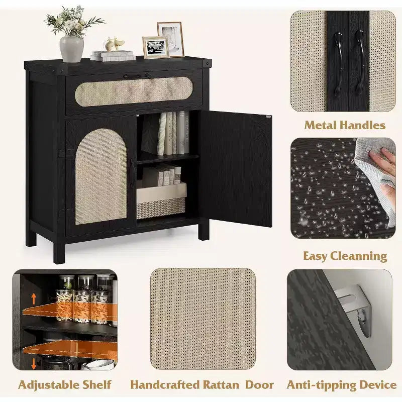 29.9 Small Rattan Buffet Cabinet, Kitchen Coffee Bar Sideboard Featuring Doors and Drawer, Adjustable Shelves and Handles, Boho Farmhouse Style