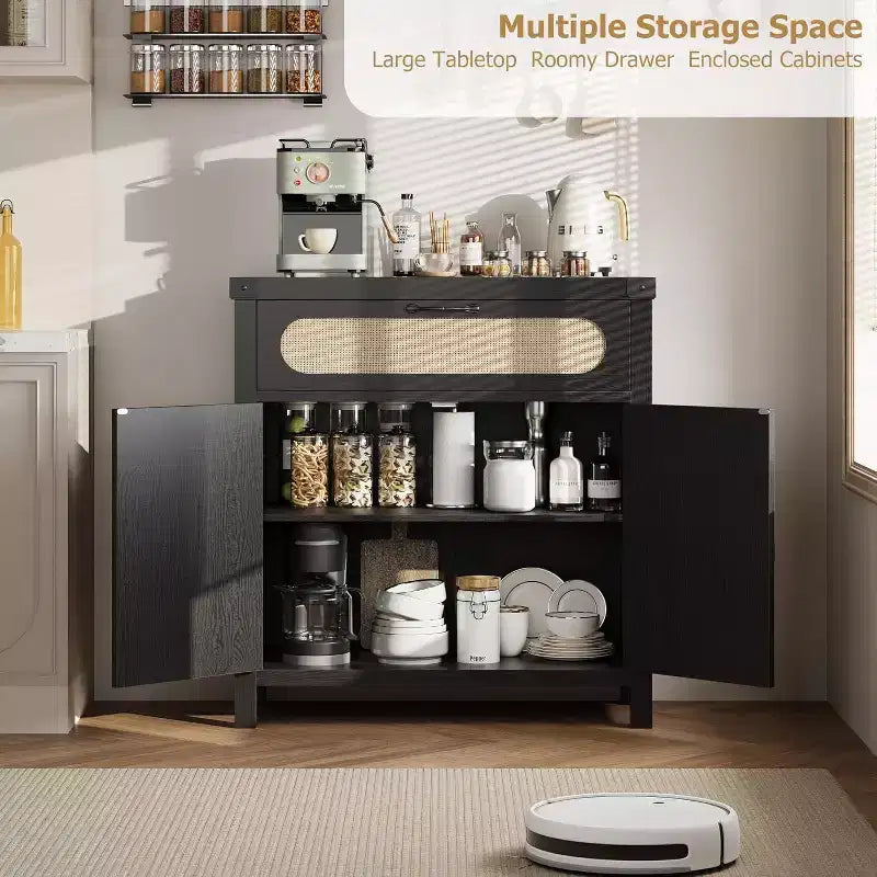 29.9 Small Rattan Buffet Cabinet, Kitchen Coffee Bar Sideboard Featuring Doors and Drawer, Adjustable Shelves and Handles, Boho Farmhouse Style