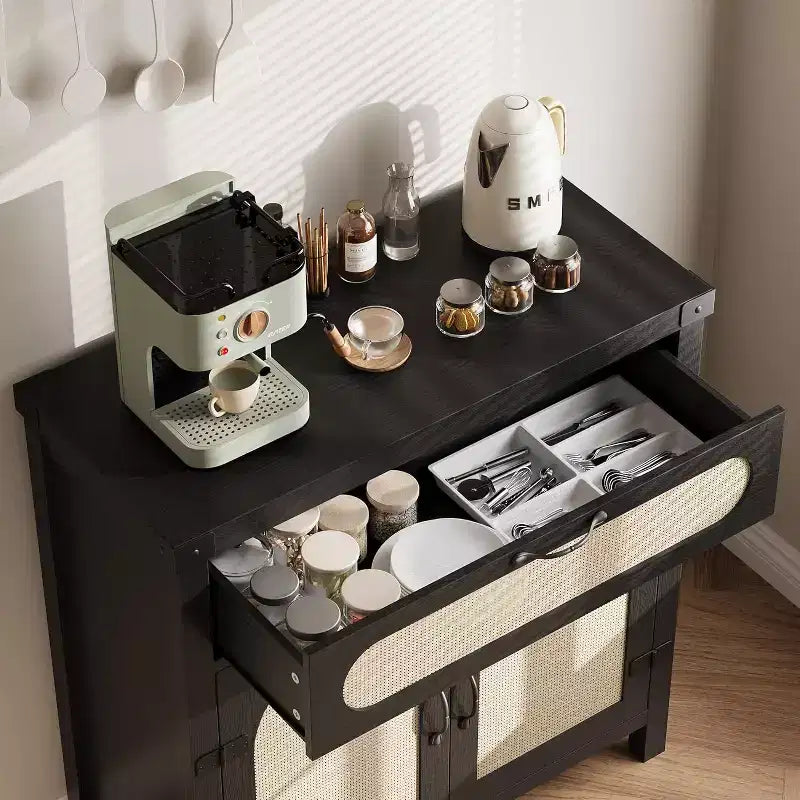 29.9 Small Rattan Buffet Cabinet, Kitchen Coffee Bar Sideboard Featuring Doors and Drawer, Adjustable Shelves and Handles, Boho Farmhouse Style