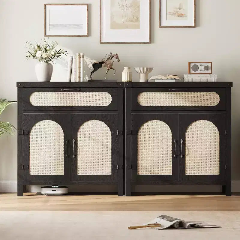 29.9 Small Rattan Buffet Cabinet, Kitchen Coffee Bar Sideboard Featuring Doors and Drawer, Adjustable Shelves and Handles, Boho Farmhouse Style