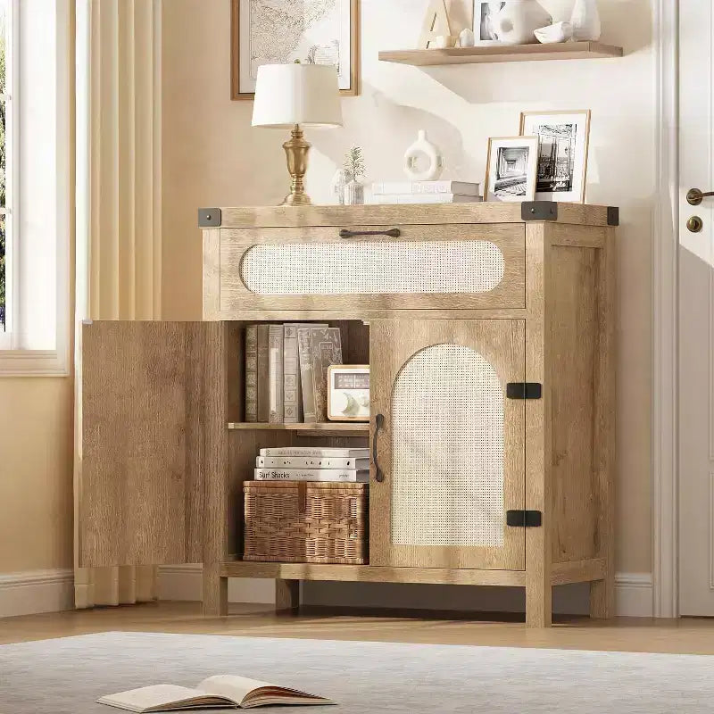 29.9 Small Rattan Buffet Cabinet, Kitchen Coffee Bar Sideboard Featuring Doors and Drawer, Adjustable Shelves and Handles, Boho Farmhouse Style
