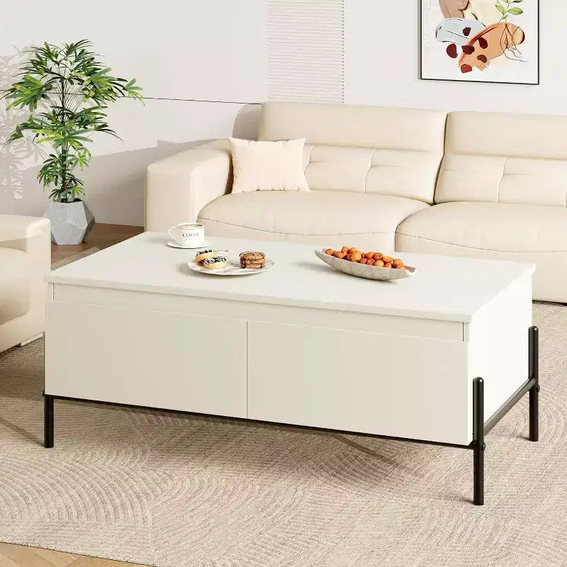 Modern Coffee Table, Center Table with Drawers & Back Open Shelf for Living Room, Office, Bedroom, White