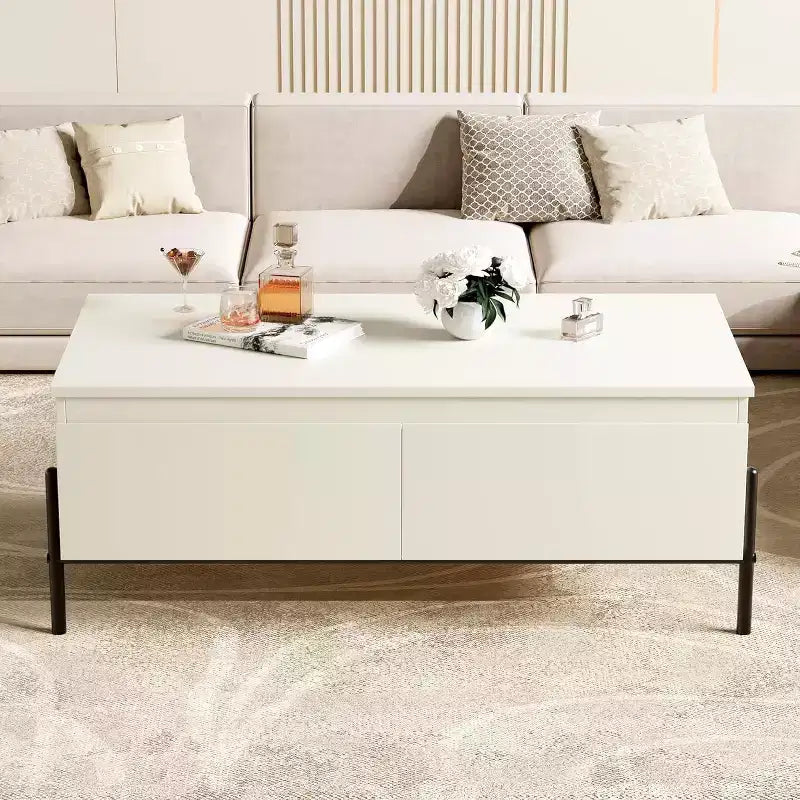 Modern Coffee Table, Center Table with Drawers & Back Open Shelf for Living Room, Office, Bedroom, White