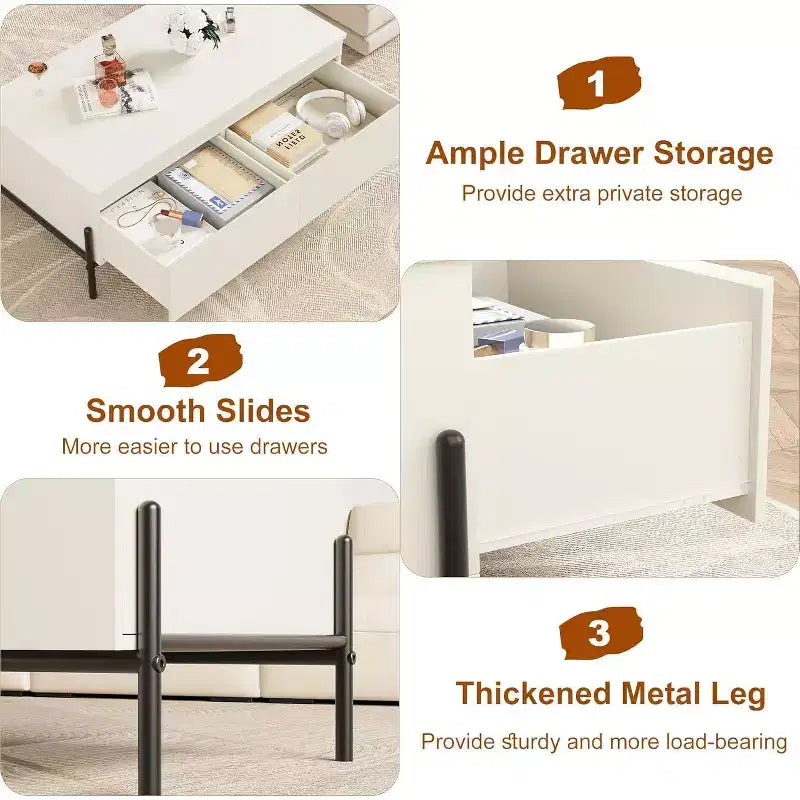 Modern Coffee Table, Center Table with Drawers & Back Open Shelf for Living Room, Office, Bedroom, White