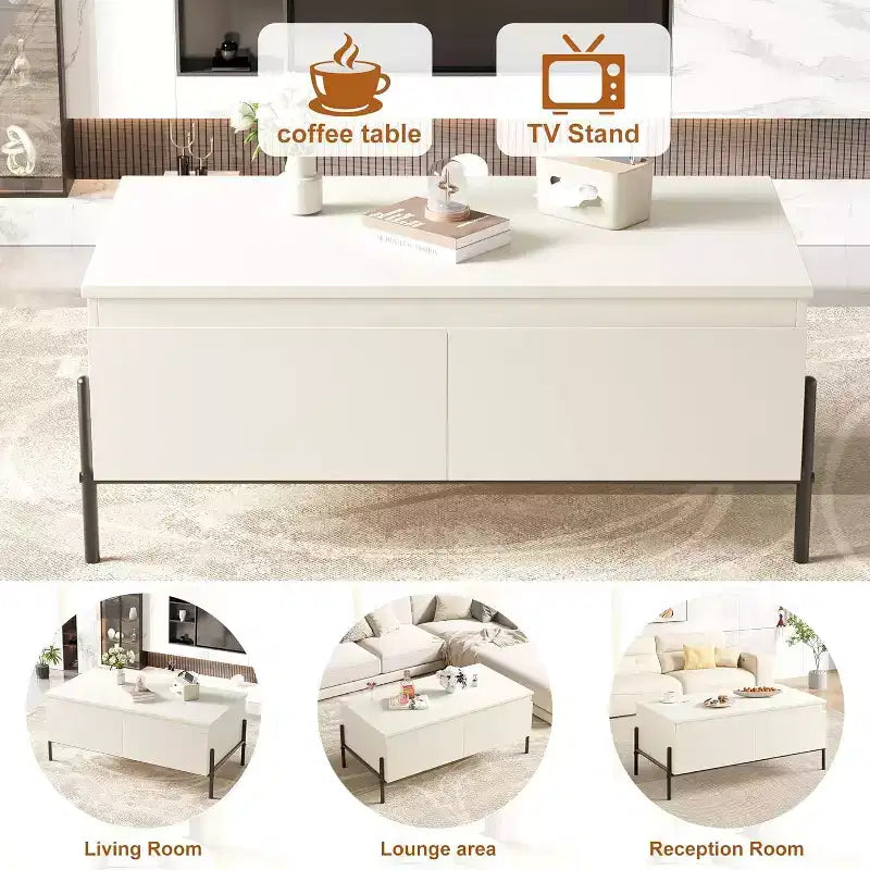 Modern Coffee Table, Center Table with Drawers & Back Open Shelf for Living Room, Office, Bedroom, White