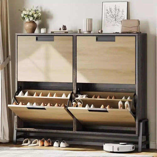 4-Drawer Flip Shoe Cabinet, Narrow Entryway Shoe Storage Organizer, Adjustable Shelf, Anti-Tip, Oak Wood, Minimalist Style