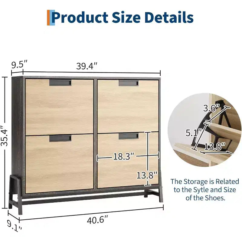 4-Drawer Flip Shoe Cabinet, Narrow Entryway Shoe Storage Organizer, Adjustable Shelf, Anti-Tip, Oak Wood, Minimalist Style