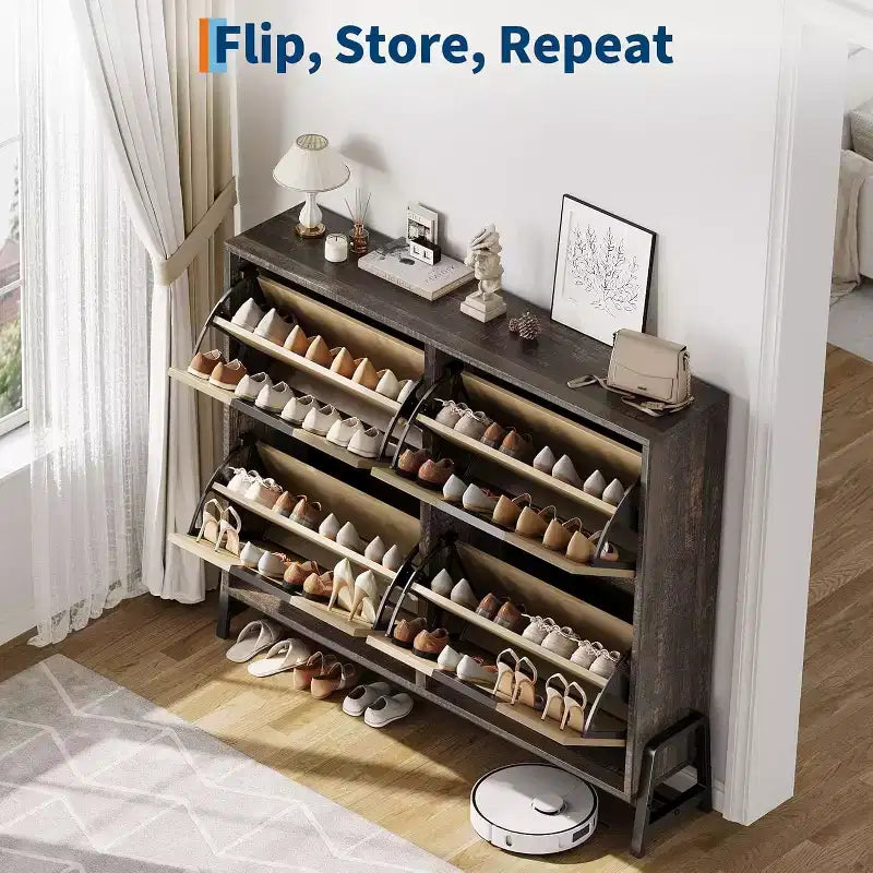 4-Drawer Flip Shoe Cabinet, Narrow Entryway Shoe Storage Organizer, Adjustable Shelf, Anti-Tip, Oak Wood, Minimalist Style