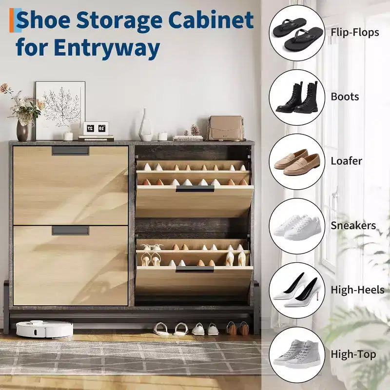 4-Drawer Flip Shoe Cabinet, Narrow Entryway Shoe Storage Organizer, Adjustable Shelf, Anti-Tip, Oak Wood, Minimalist Style