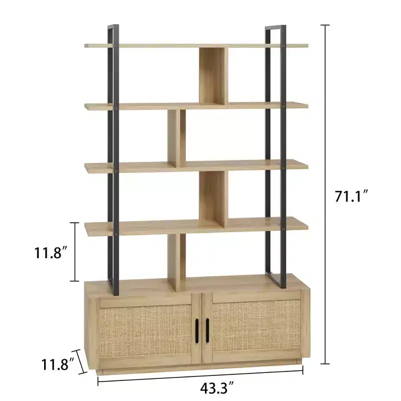 Rattan Bookshelf 71.1 Tall 5 Tier Industrial Bookcase with Storage Cabinet & Door, Open Display Shelves, Metal Frame Farmhouse Boho Shelf