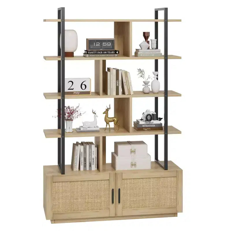Rattan Bookshelf 71.1 Tall 5 Tier Industrial Bookcase with Storage Cabinet & Door, Open Display Shelves, Metal Frame Farmhouse Boho Shelf